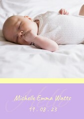 Composition of michelle emma watts text with birth date over caucasian baby on purple background