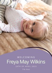 Composition of welcoming freya may wilkins text over caucasian baby on purple background