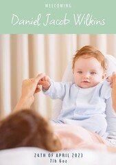 Composition of welcoming daniel jacob wilkins text over caucasian mother and baby