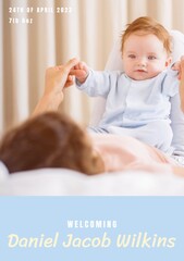 Composition of welcoming daniel jacob wilkins text over caucasian mother and baby