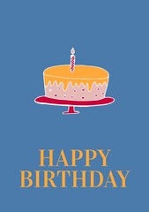 Composite of happy birthday text over birthday cake with candle on blue background