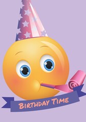 Composite of birthday time text over emoji in party hat on purple background