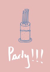 Composite of party text over birthday cake with candles on pink background