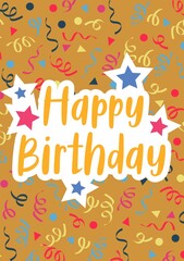 Composite of happy birthday text over party streamer pattern on brown background