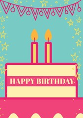 Composite of happy birthday text over birthday cake with candles on blue background
