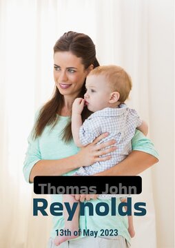 Composition of thomas john reynolds text with birth date over caucasian mother and baby