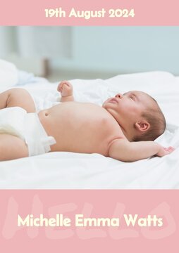 Composition of michelle emma watts text with birth date over caucasian baby on pink background