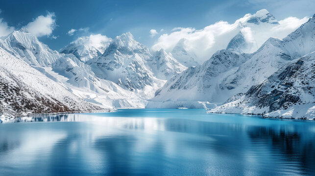 A serene and picturesque mountain lake surrounded by snow-covered peaks in winter realistic stock photography