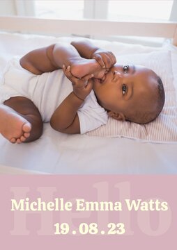 Composition of michelle emma watts text with birth date over african american baby