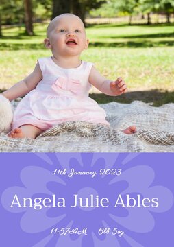 Composition of angela julie ables text with birth date over caucasian baby on purple background