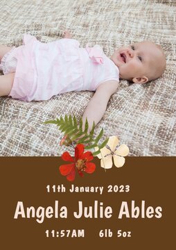 Composition of angela julie ables text with birth date over caucasian baby on brown background