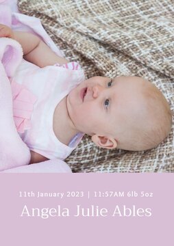 Composition of angela julie ables text with birth date over caucasian baby on pink background