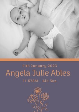 Composition of angela julie ables text with birth date over caucasian baby on grey background
