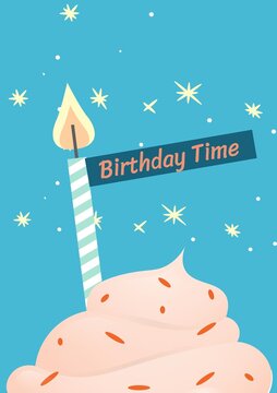Composite of birthday time text over cupcake with candle on blue background