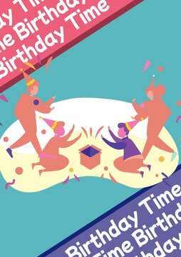 Composite of birthday time text over people partying on blue background