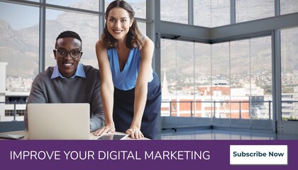 Composite of improve your digital marketing text over diverse businesspeople with laptop - Powered by Adobe