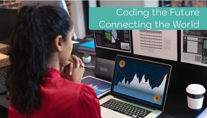 Composite of coding the future, connecting the world text over businesswoman with laptop