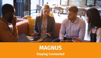 Composite of magnus staying connected text over diverse businesspeople in office