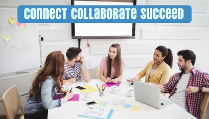 Composite of connect collaborate succeed text over diverse businesspeople in office