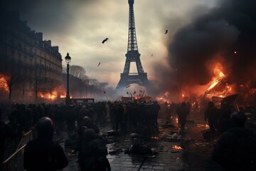 Unpredictable Paris demonstration chaos. Street crowd. Generate Ai