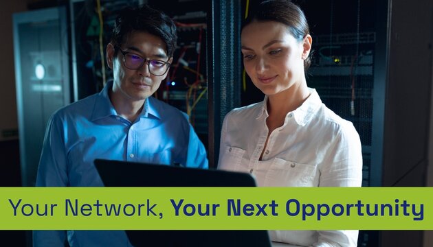 Composite of your network your next opportunity text over diverse businesspeople with laptop