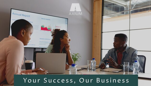 Composite of your success, our business text over diverse businesspeople in office