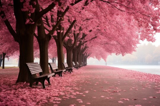 Serene Park pink trees leaves. Tunnel beautiful. Generate Ai