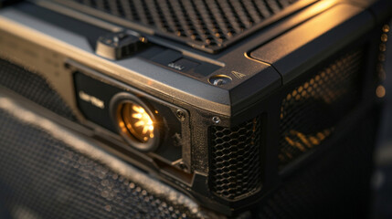 A closeup of the builtin flashlight on the front of the radio useful for power outages during severe weather.
