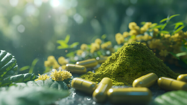 Flower Mitragyna speciosa (kratom) with medicinal products in the form of capsules and powder with natural light and blurred background