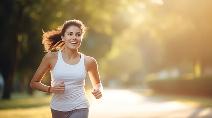 Smiling healthy woman running marathon outdoors.