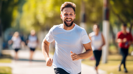Fototapeta premium Smiling healthy man running marathon outdoors.