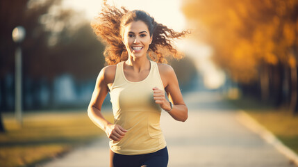 Smiling healthy woman running marathon outdoors.