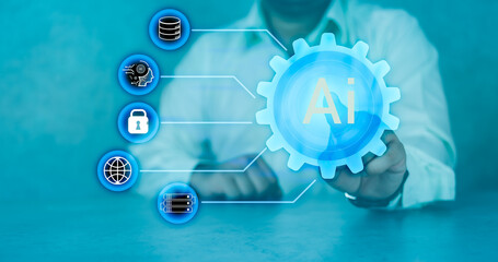 Businessman touch a futuristic virtual interface screen artificial intelligence with AI, Artificial Intelligence and global connection for providing access to information and data online network