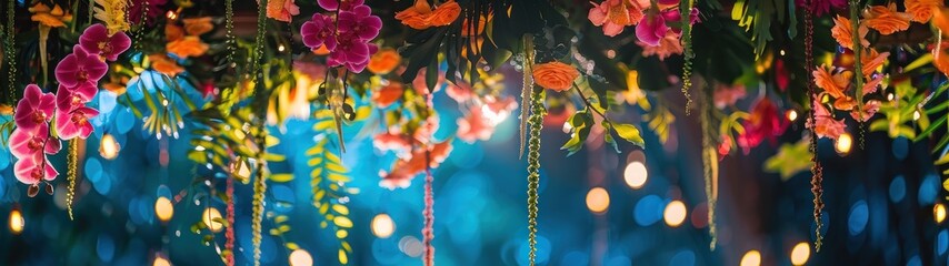 A vibrant hanging installation over a dance floor, with cascades of orchids, hanging amaranthus,...