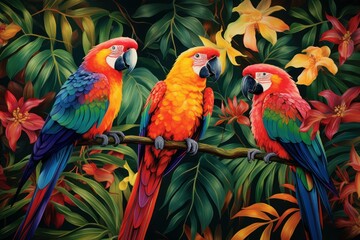Colorful Beautiful tropical parrots. Wildlife birds. Generate Ai