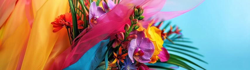 A detailed shot of a vibrant, eclectic bouquet with a mix of exotic flowers and foliage, secured with a brightly colored fabric ribbon. - Powered by Adobe
