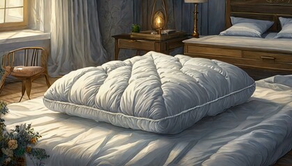 White folded duvet lying on white bed background. Preparing for winter season, household, domestic activities, hotel .