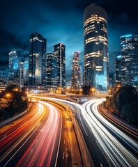 Road light in city, night megapolis highway lights of cityscape , megacity traffic with highway road motion lights, long exposure photography.	
