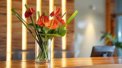 A modern floral arrangement on a reception desk, combining sleek anthuriums, exotic heliconias, and...