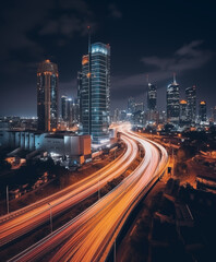 Road light in city, night megapolis highway lights of cityscape , megacity traffic with highway road motion lights, long exposure photography.	
