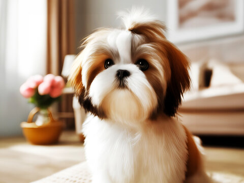 shih tzu puppy with braid, cute little dog, lovely doggy, funny wall art for home decor, wallpaper and background