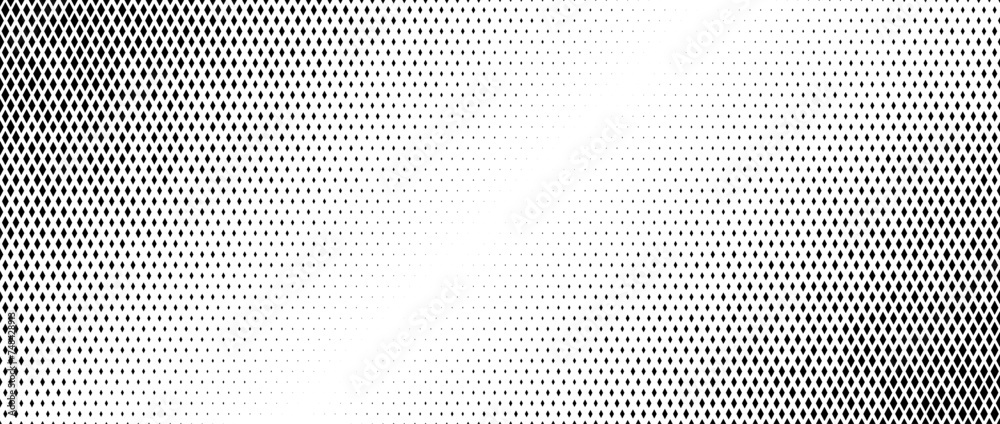 Poster Rhombus diagonal gradient halftone texture. Diamond shape dot fading background. Abstract geometric particle vanishing gradient. Rhomb shape grunge overlay. Vector black white corner wallpaper