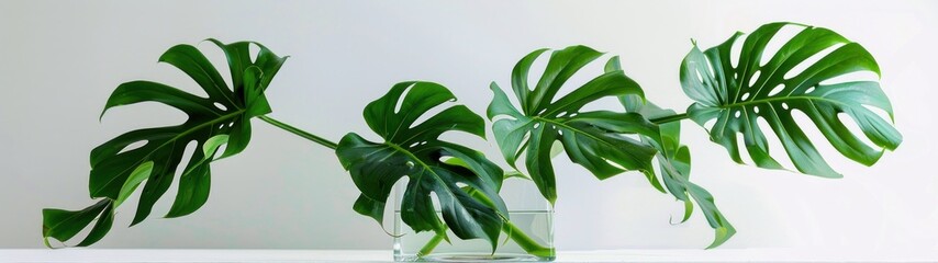 A single branch of green monstera leaves in a flat, round-bottomed glass vase