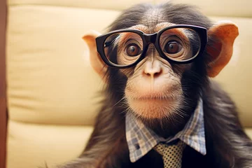 Fotobehang a monkey, cute, adorable, monkey wearing glasses, monkey wearing clothes © Salawati