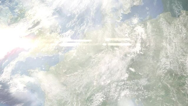Earth zoom in from space and focus on Monheim am Rhein, Germany. 3D Animation. Satellite view. Background for travel intro. Images from NASA