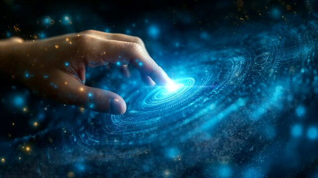 Hand of person touching virtual screen. Seamless looping time-lapse 4k video animation background