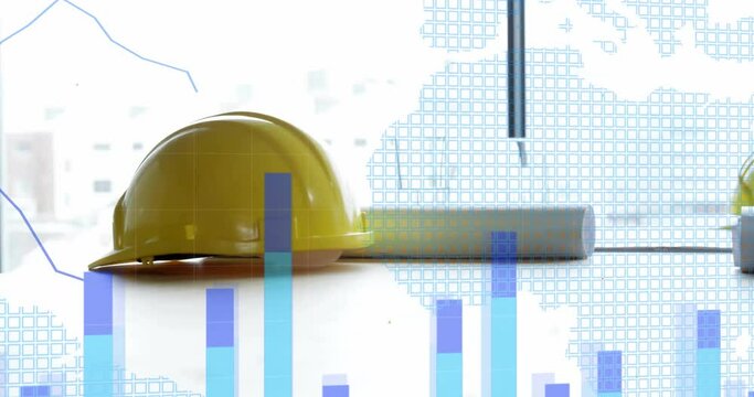 Animation of statistics and data processing over hard hat and plans in office
