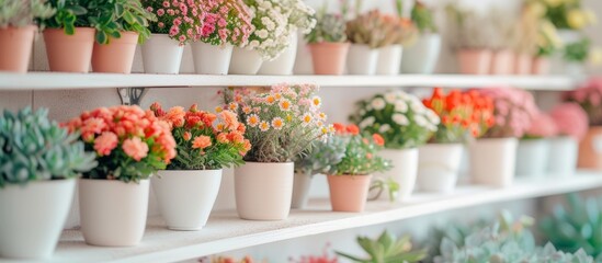 Beautiful collection of various potted flowers displayed on a colorful shelf - obrazy, fototapety, plakaty