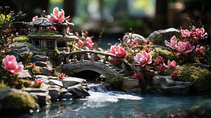 Miniature model of Japanese garden with bridge and river