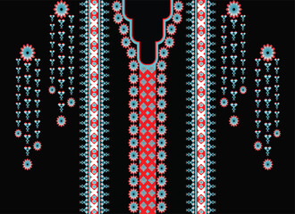 Neck line, collar pattern, red-blue flower with tassel stripes, embroidery, traditional geometric pattern on background, abstract vector, Aztec style, design for fabric texture, Women's fashion cloth